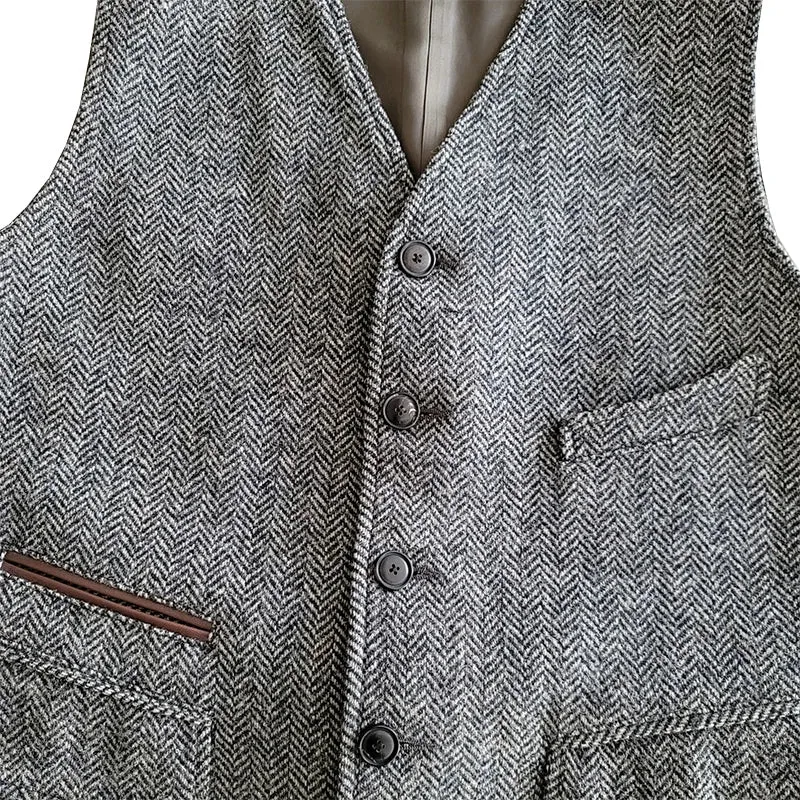 Men's Tweed Wool Vest - Slim Fit Grey Vintage Business Casual