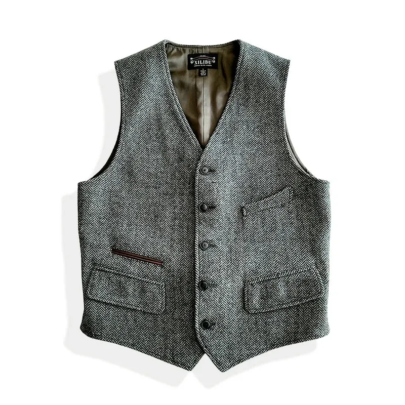 Men's Tweed Wool Vest - Slim Fit Grey Vintage Business Casual