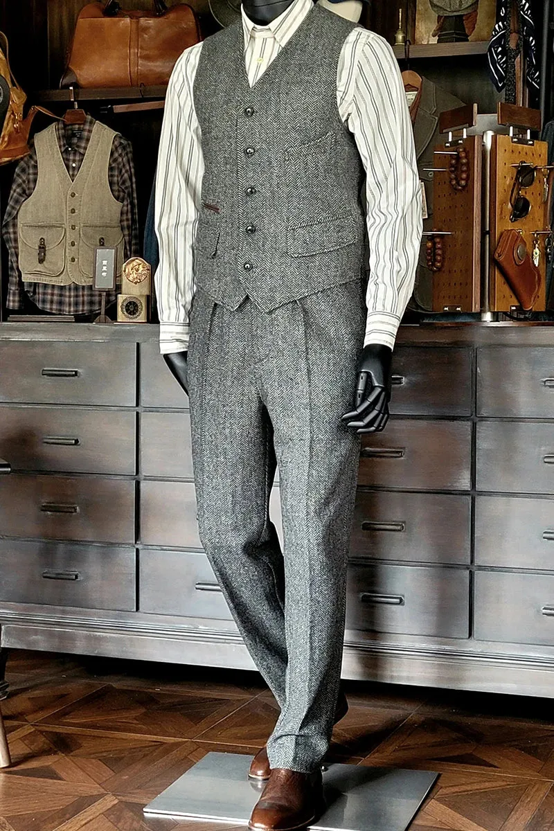 Men's Tweed Wool Vest - Slim Fit Grey Vintage Business Casual