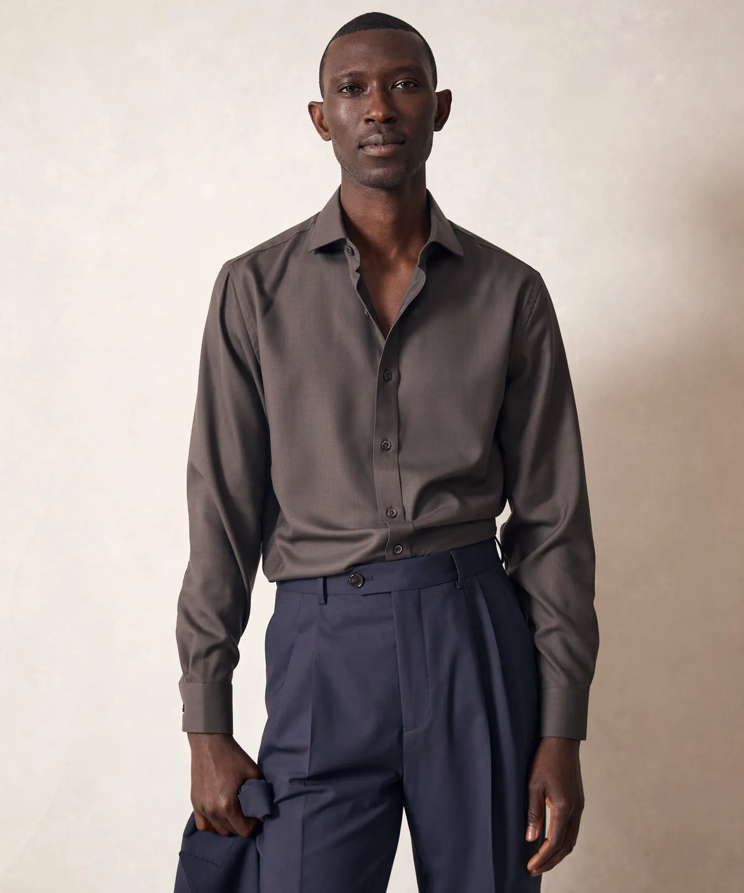 Merino Spread Collar Dress Shirt in Dark Brown