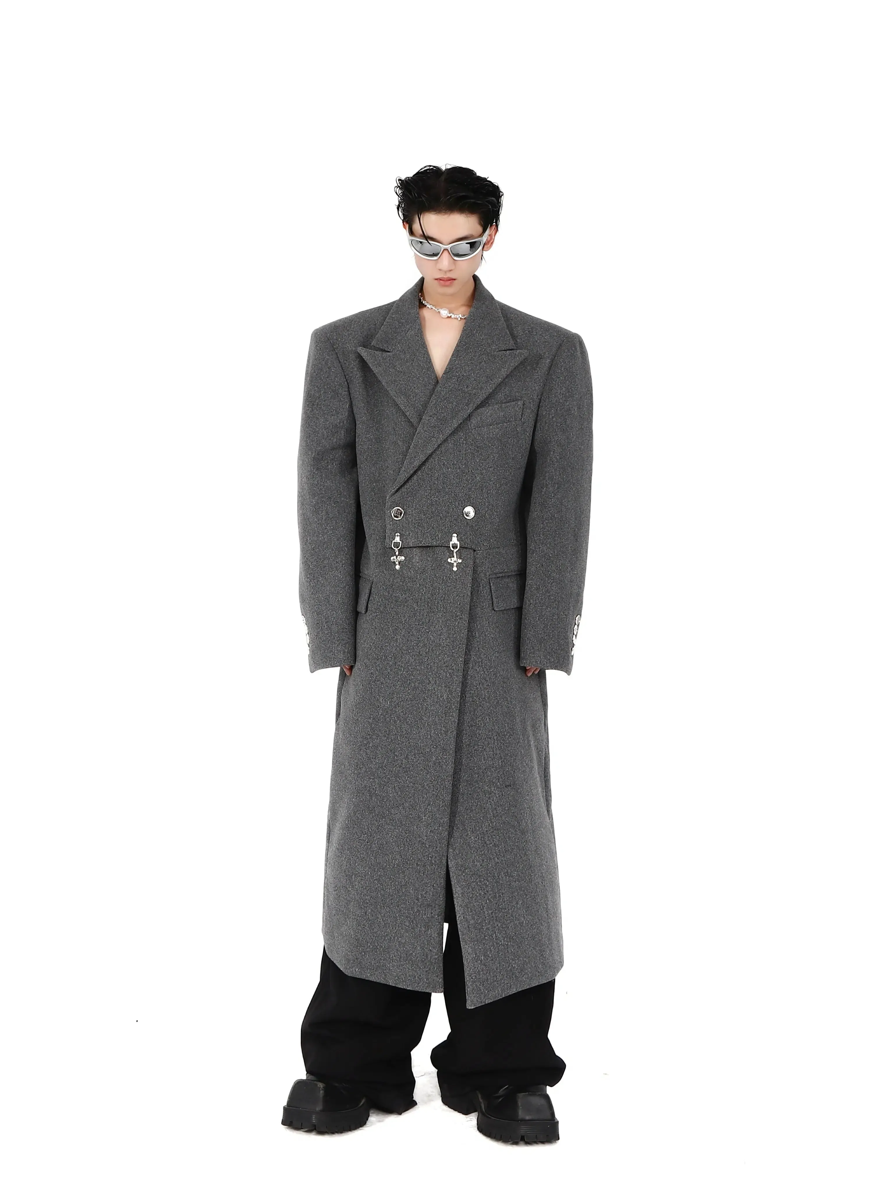 Metal Airplane Buttons Woolen Long Coat