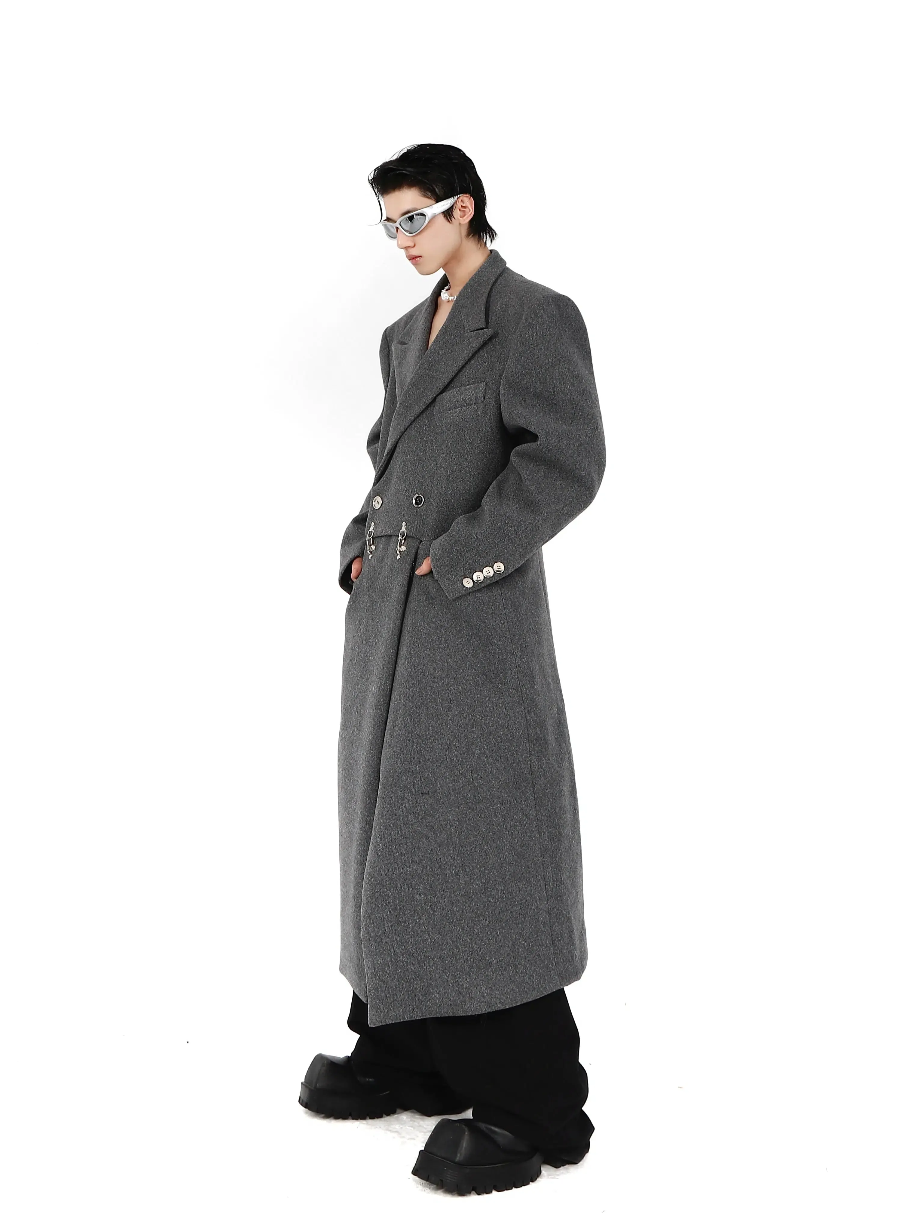 Metal Airplane Buttons Woolen Long Coat