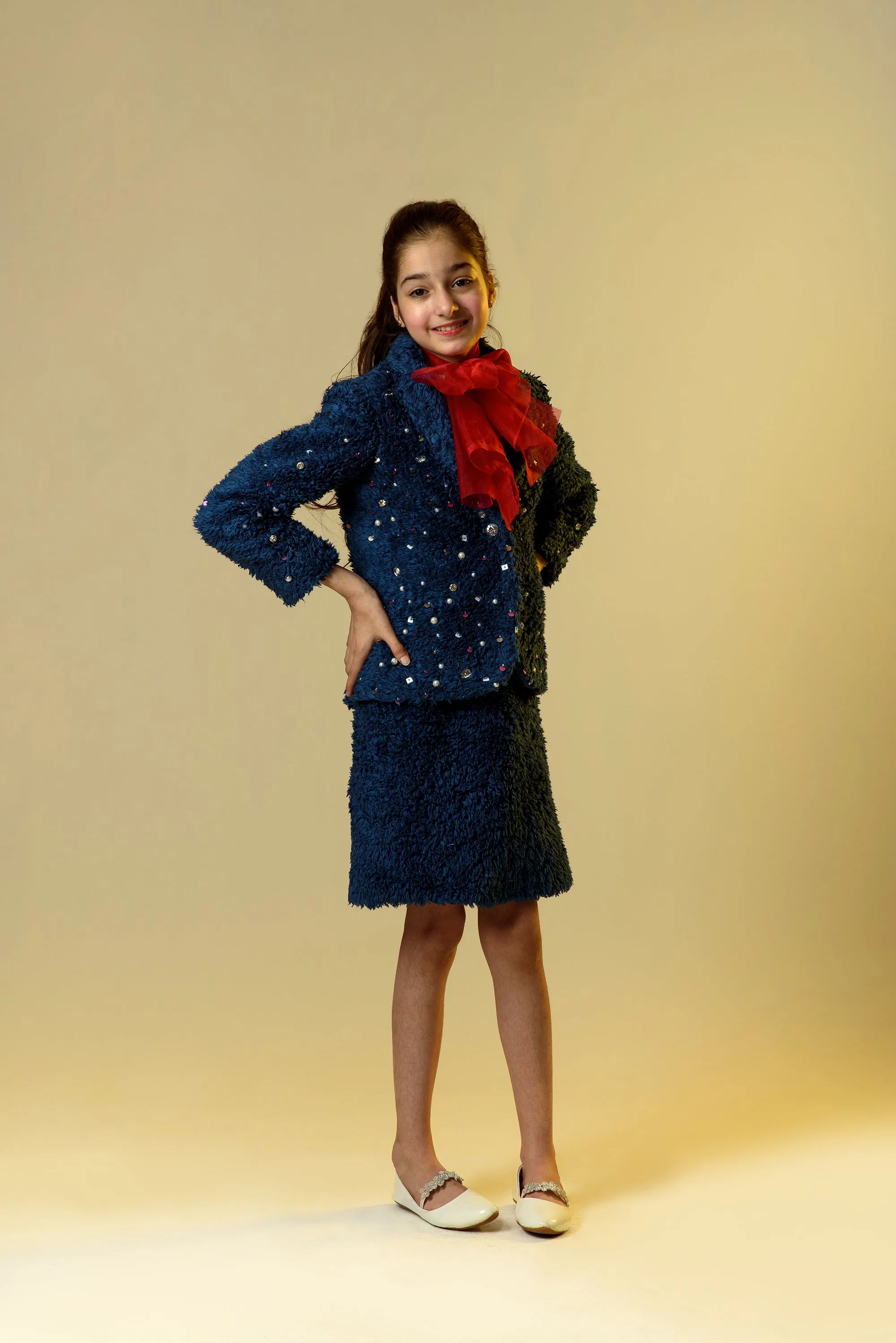 Nightingale Trumpet- Blue Embroidered Organic Sherpa Blazer With Skirt For Girls