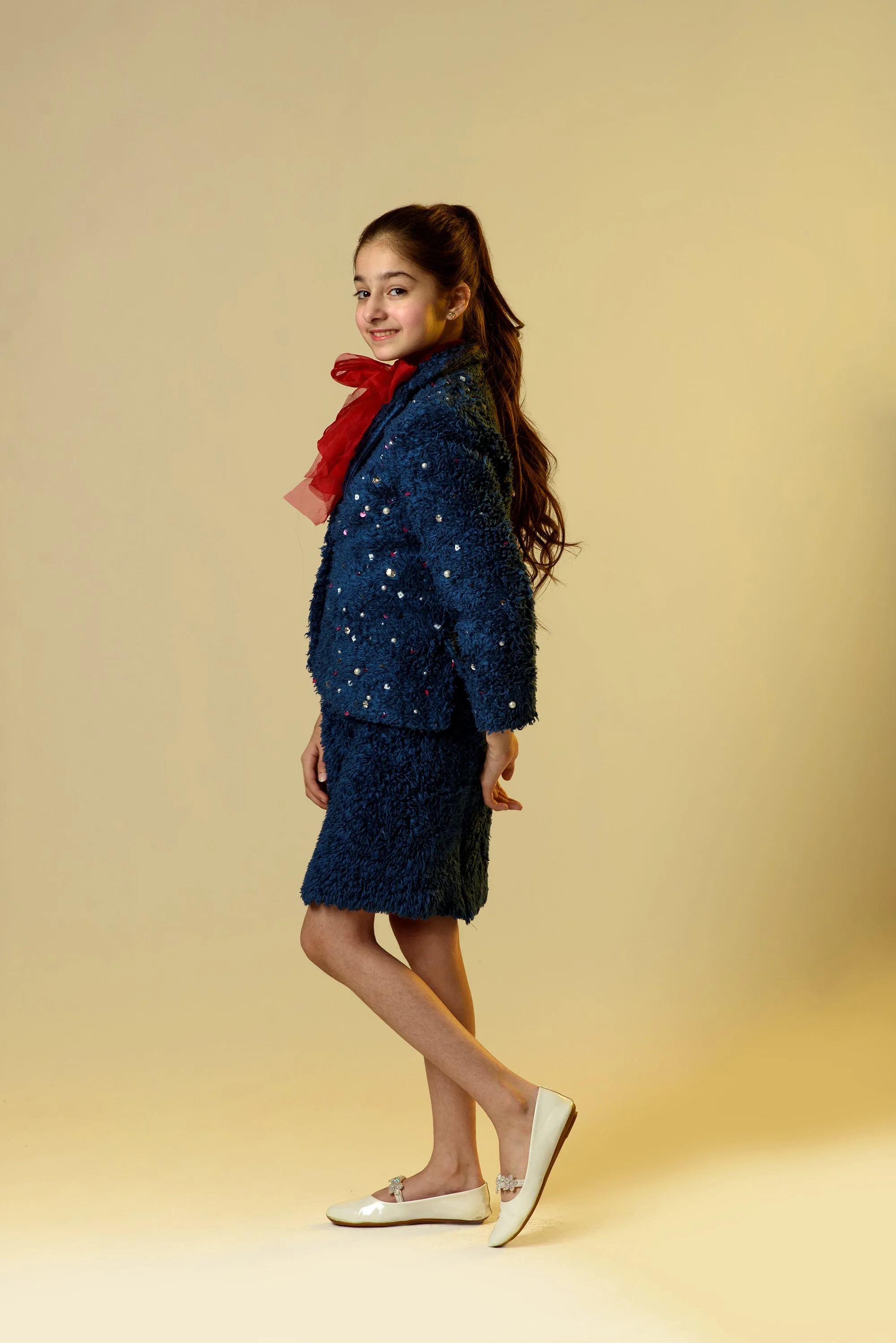 Nightingale Trumpet- Blue Embroidered Organic Sherpa Blazer With Skirt For Girls