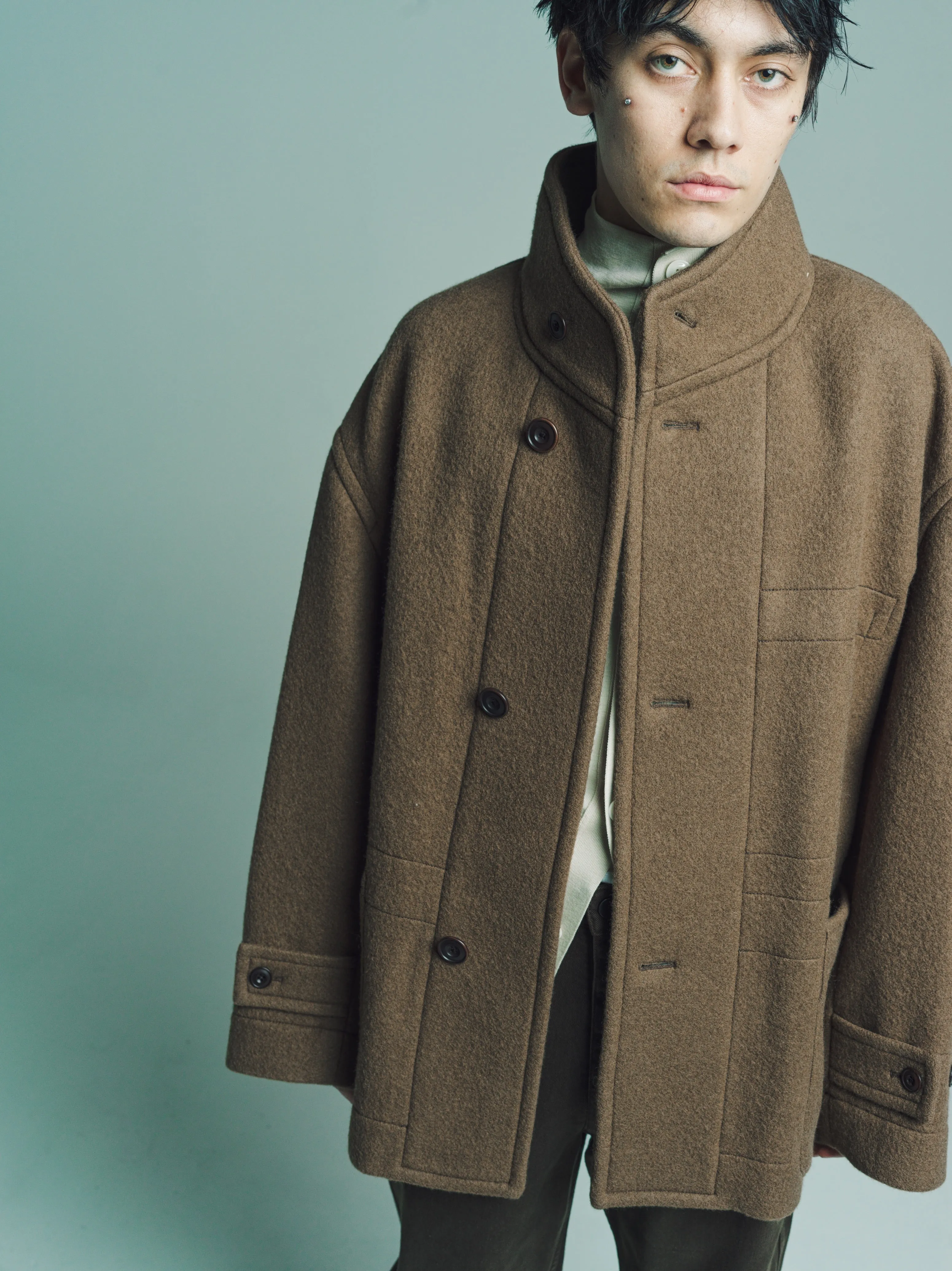 Olive Brown Wool Boxy Duffle Coat