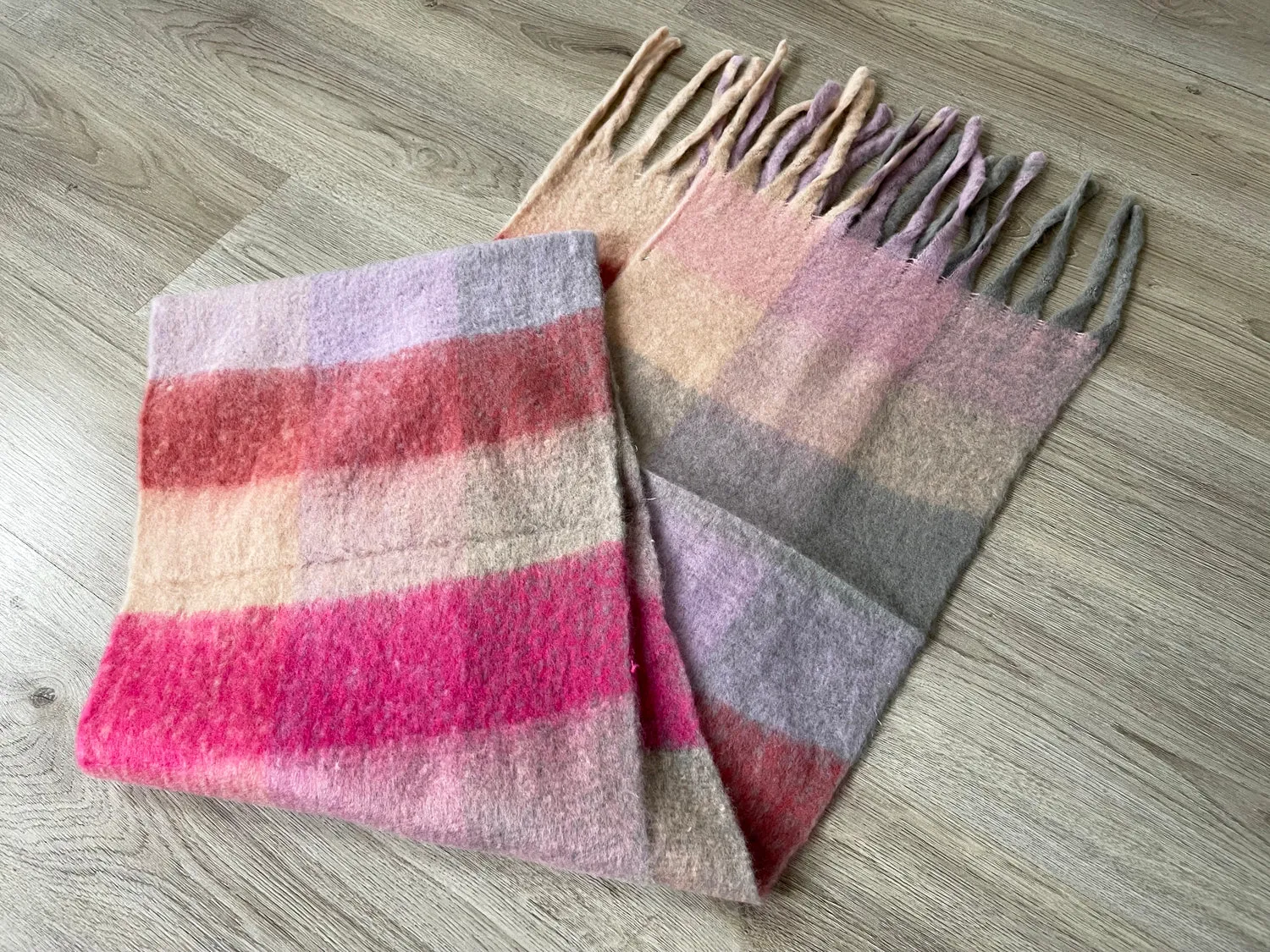 PINK CHECKED WOOL RAINBOW BLANKET SCARF OVERSIZED WINTER SHAWL WRAP