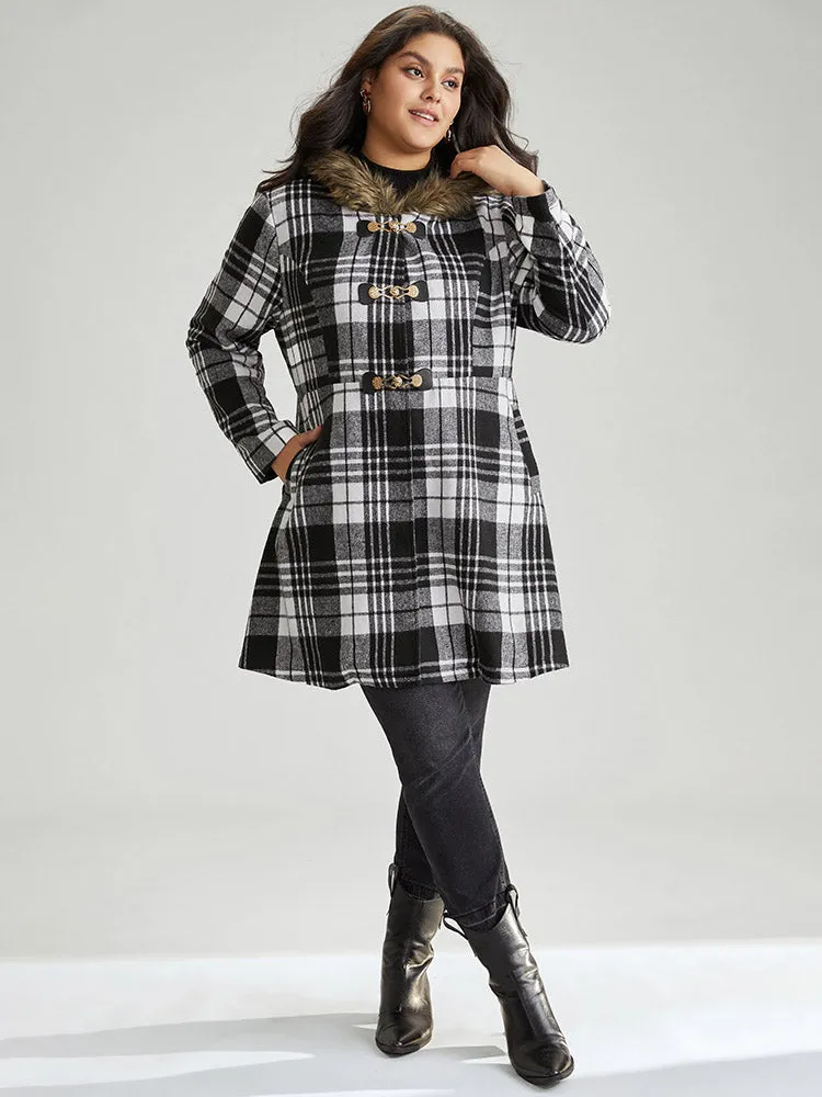 Plaid Patchwork Duffle Button Fuzzy Trim Coat