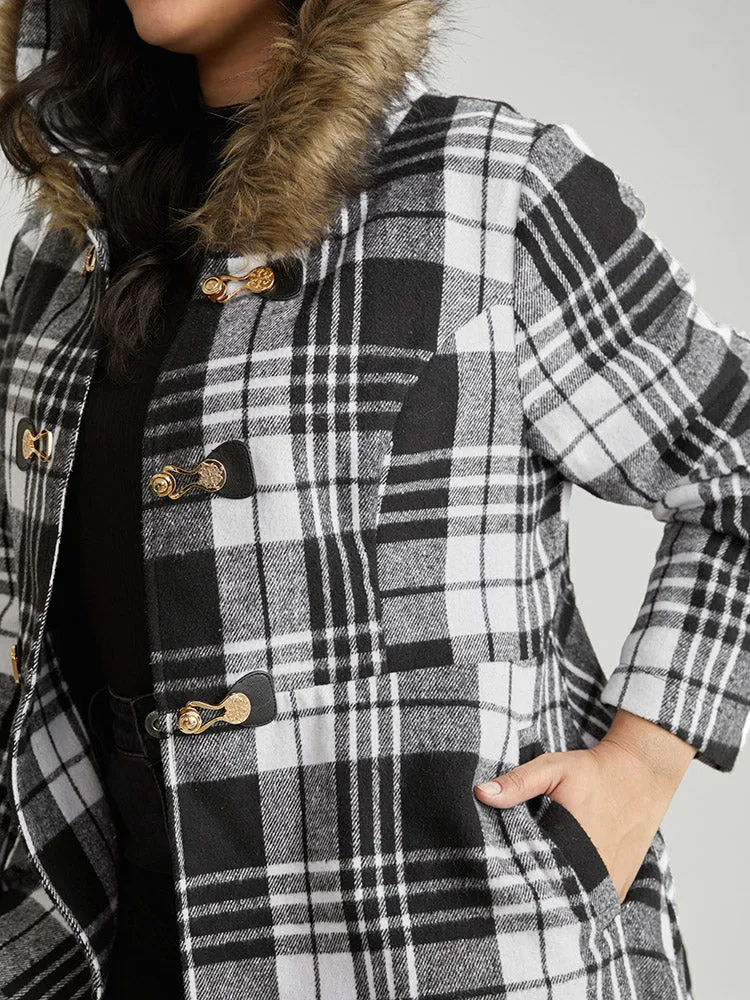 Plaid Patchwork Duffle Button Fuzzy Trim Coat