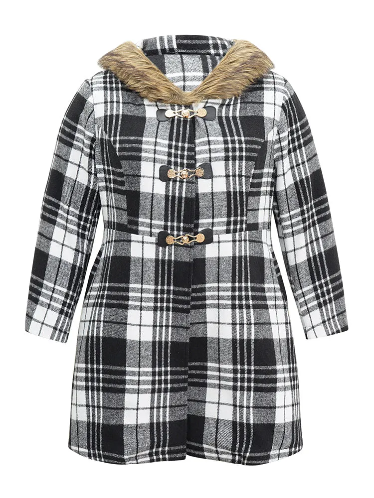 Plaid Patchwork Duffle Button Fuzzy Trim Coat