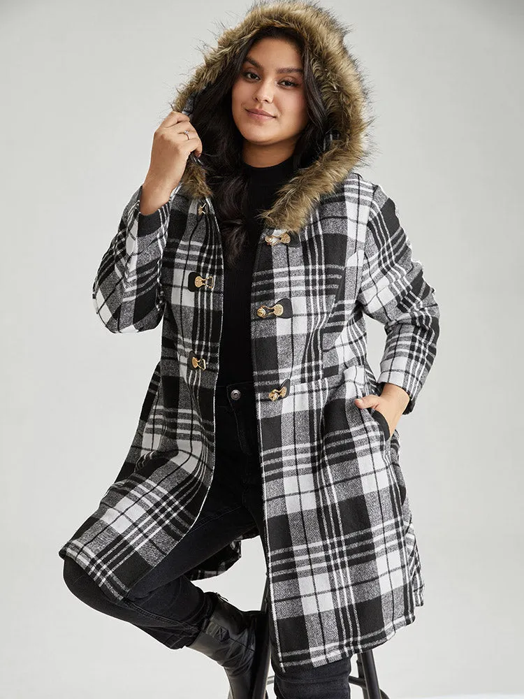 Plaid Patchwork Duffle Button Fuzzy Trim Coat