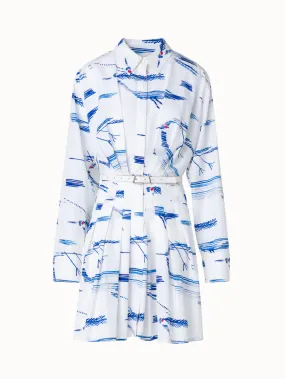 Pleated Cotton Shirt Dress with Kasuri Birds Print