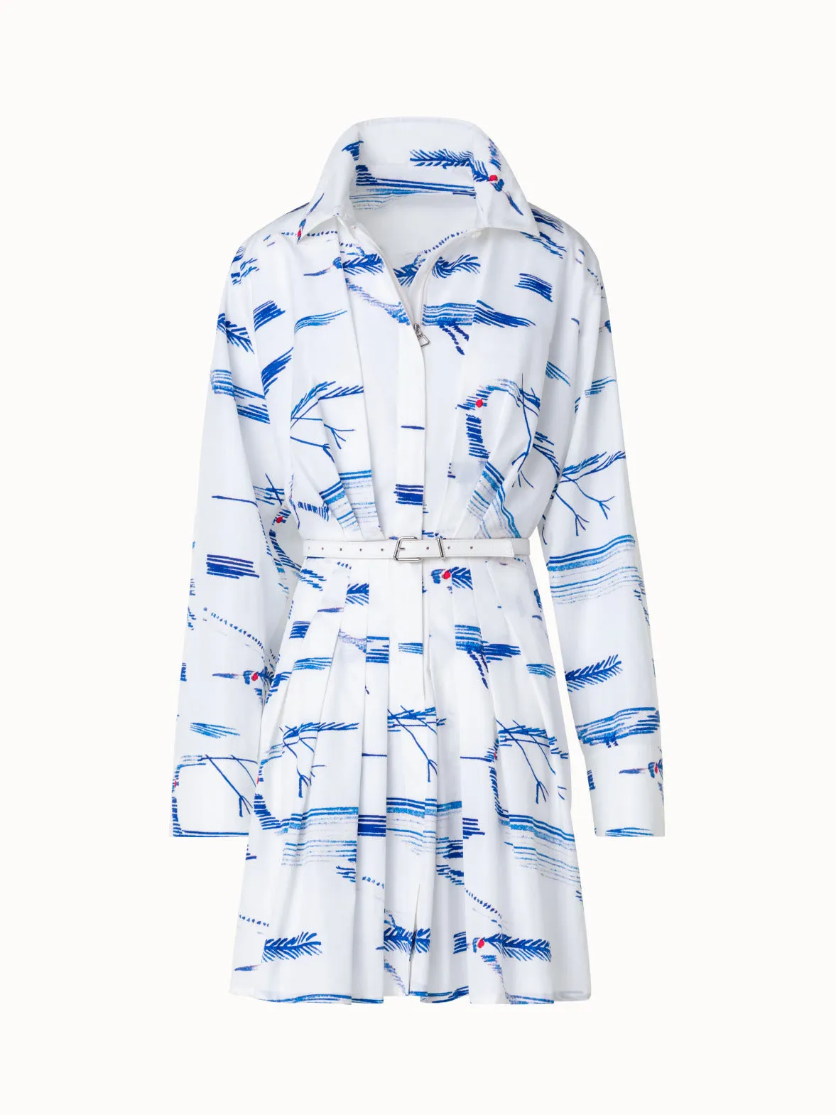 Pleated Cotton Shirt Dress with Kasuri Birds Print