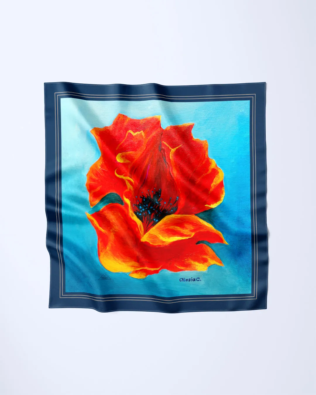 POPPY FLOWER OF INSPIRATION 100% Silk Art-A-Porte Scarf in Red Blue