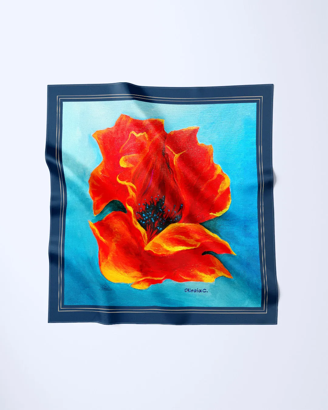 POPPY FLOWER OF INSPIRATION 100% Silk Art-A-Porte Scarf in Red Blue