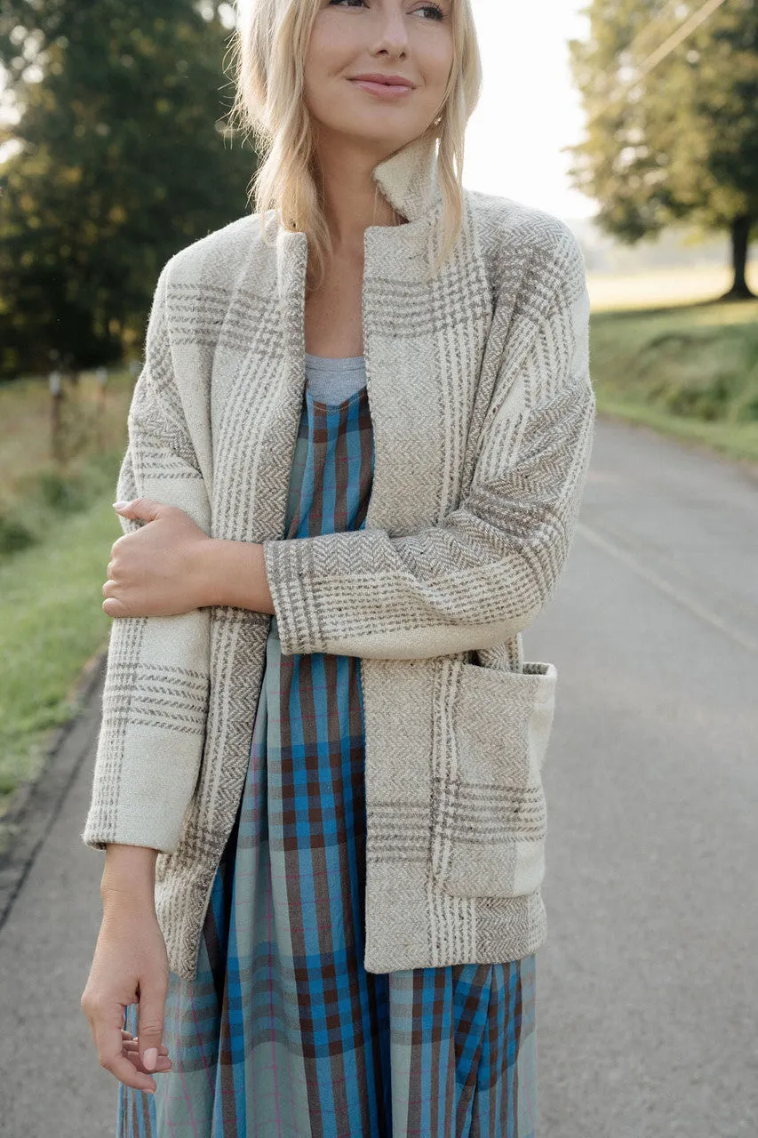 Portuguese Wool Pieper Coat in Cream and Brown Plaid  - Pre-Order 12/31