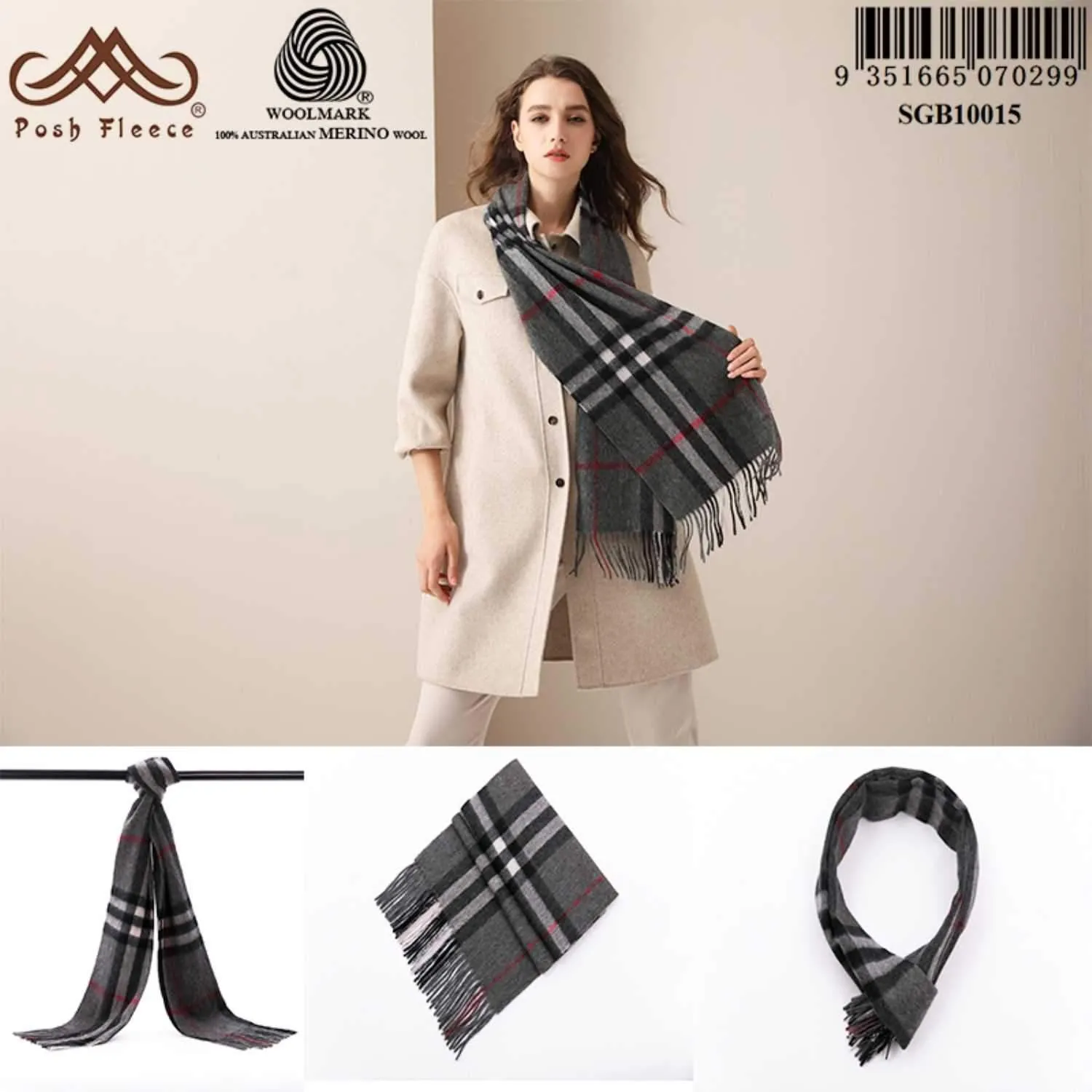 POSH FLEECE Pure Wool Luxurious Scarf with Fringed Trim SGB10015