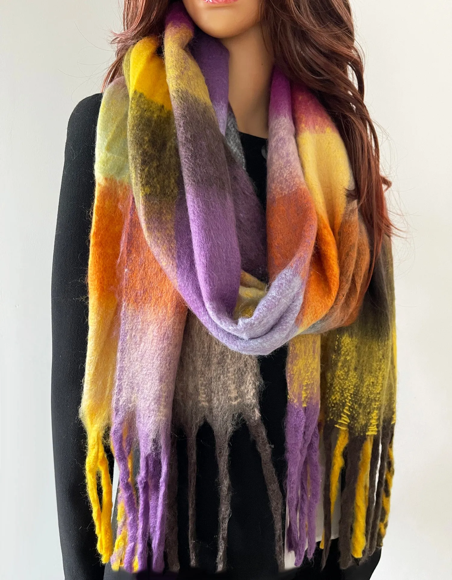 PURPLE YELLOW CHECKED WOOL RAINBOW BLANKET SCARF OVERSIZED WINTER SHAWL WRAP