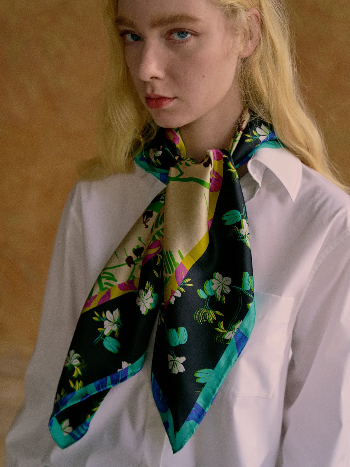 "Floral Tapestry" Large Silk Scarf - Black