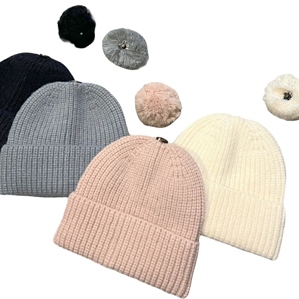 Removable Pom Pom Beanie - Cream