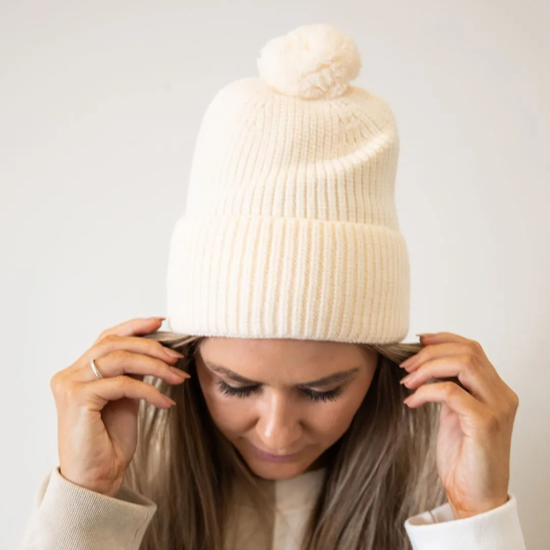 Removable Pom Pom Beanie - Cream