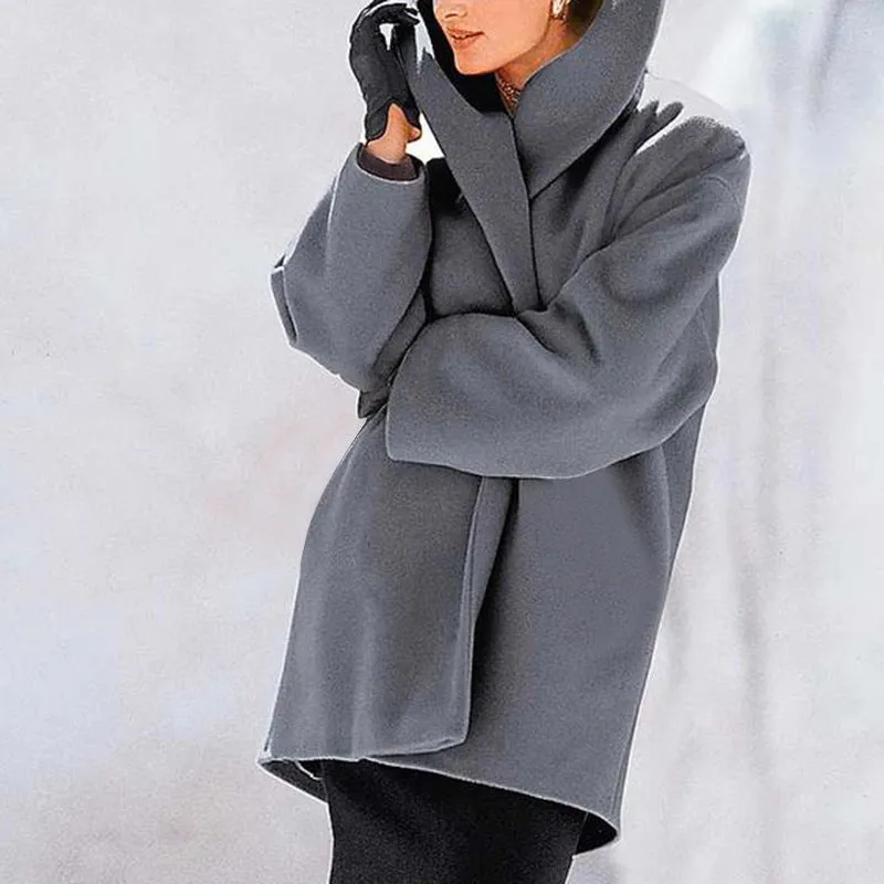 Round Neck Loose Hooded Woolen Coat