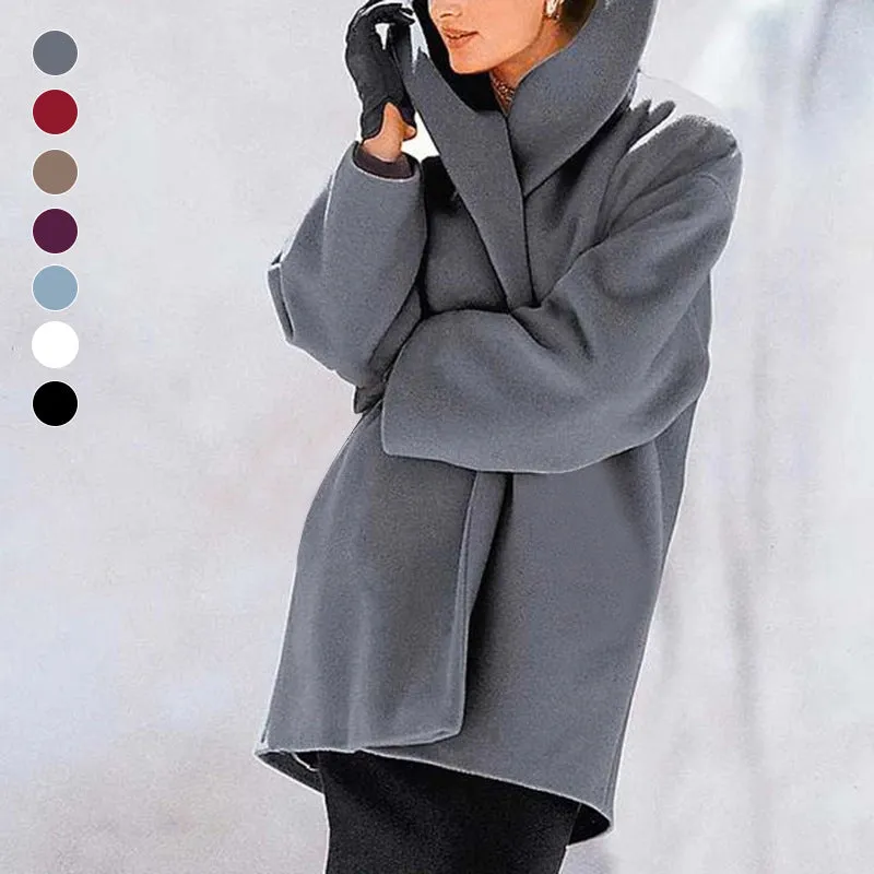 Round Neck Loose Hooded Woolen Coat