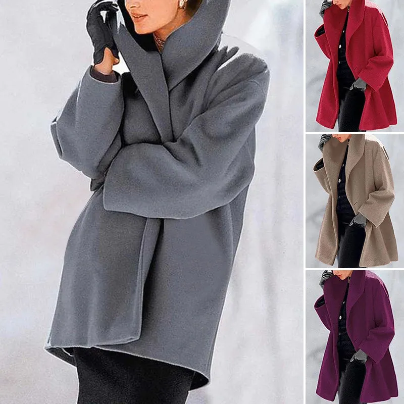 Round Neck Loose Hooded Woolen Coat