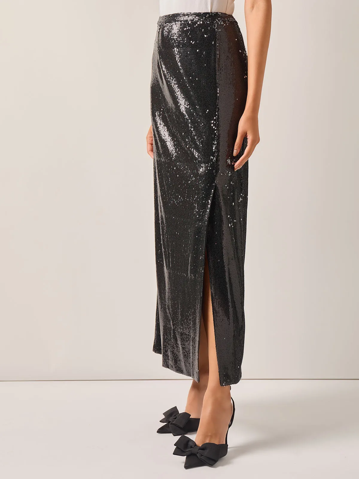 Sequin Novelty Woven Straight Maxi Skirt