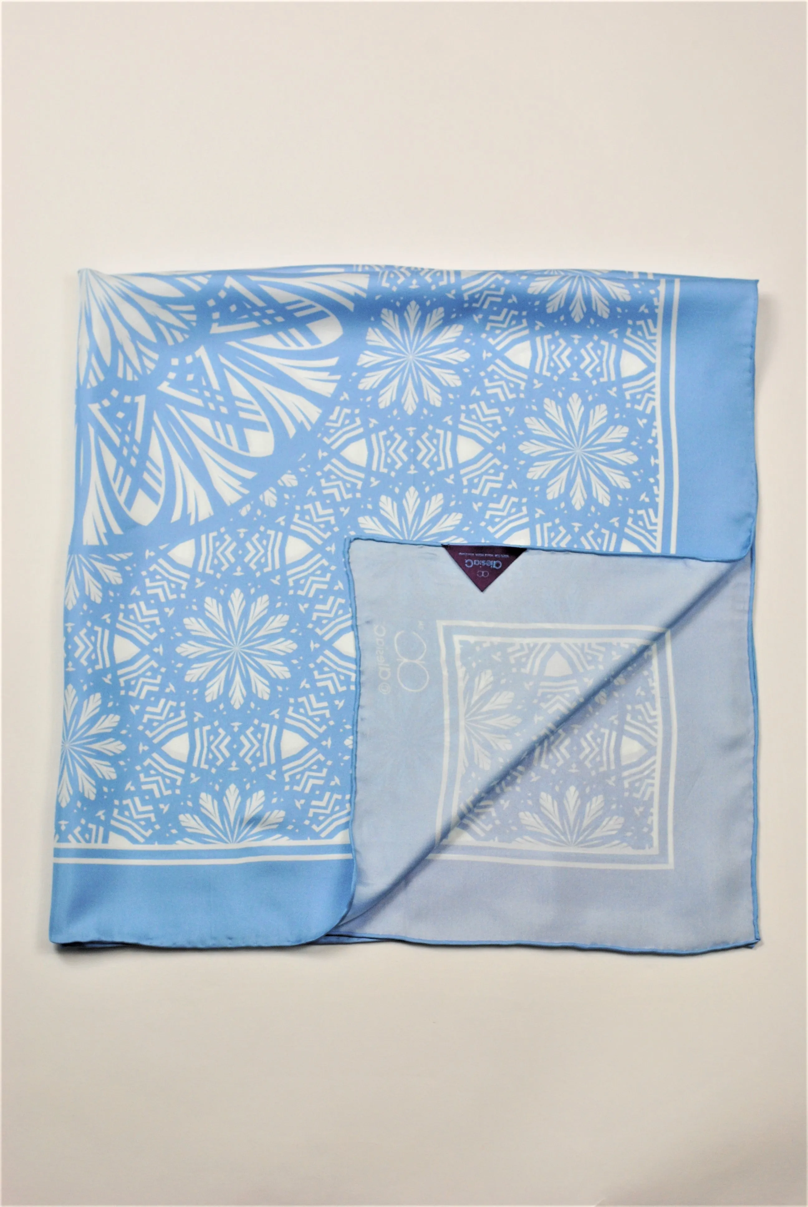 SERENITY Mandala 100% Silk Square Scarf in Light Blue