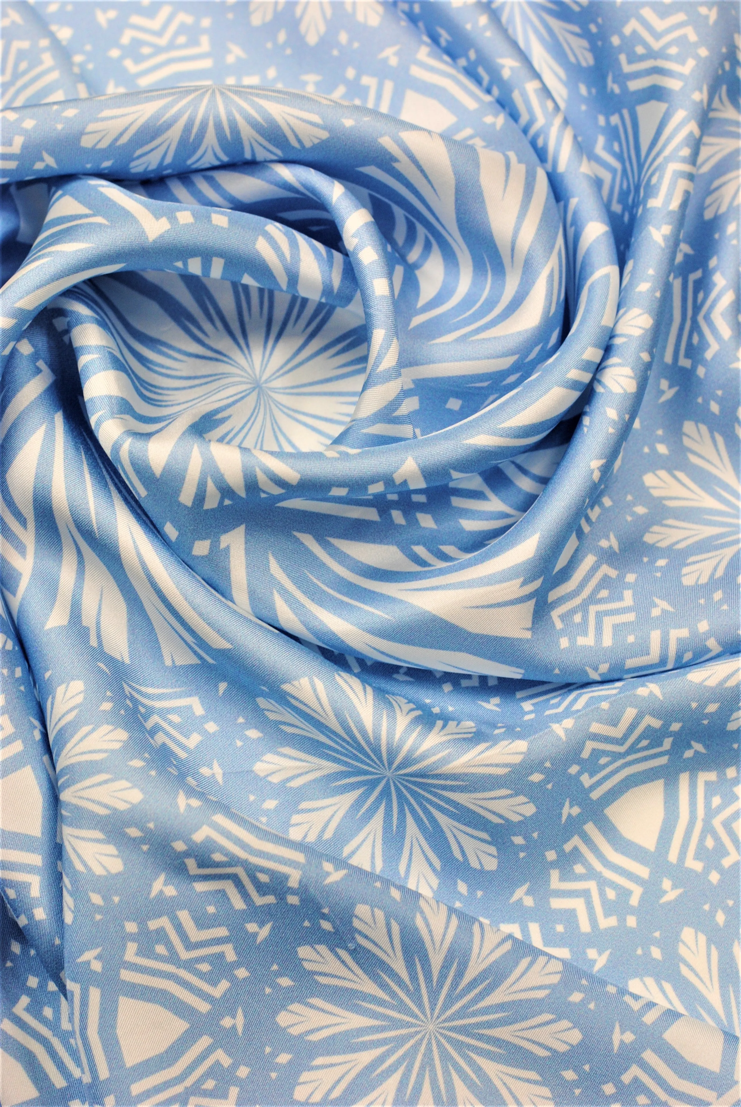 SERENITY Mandala 100% Silk Square Scarf in Light Blue