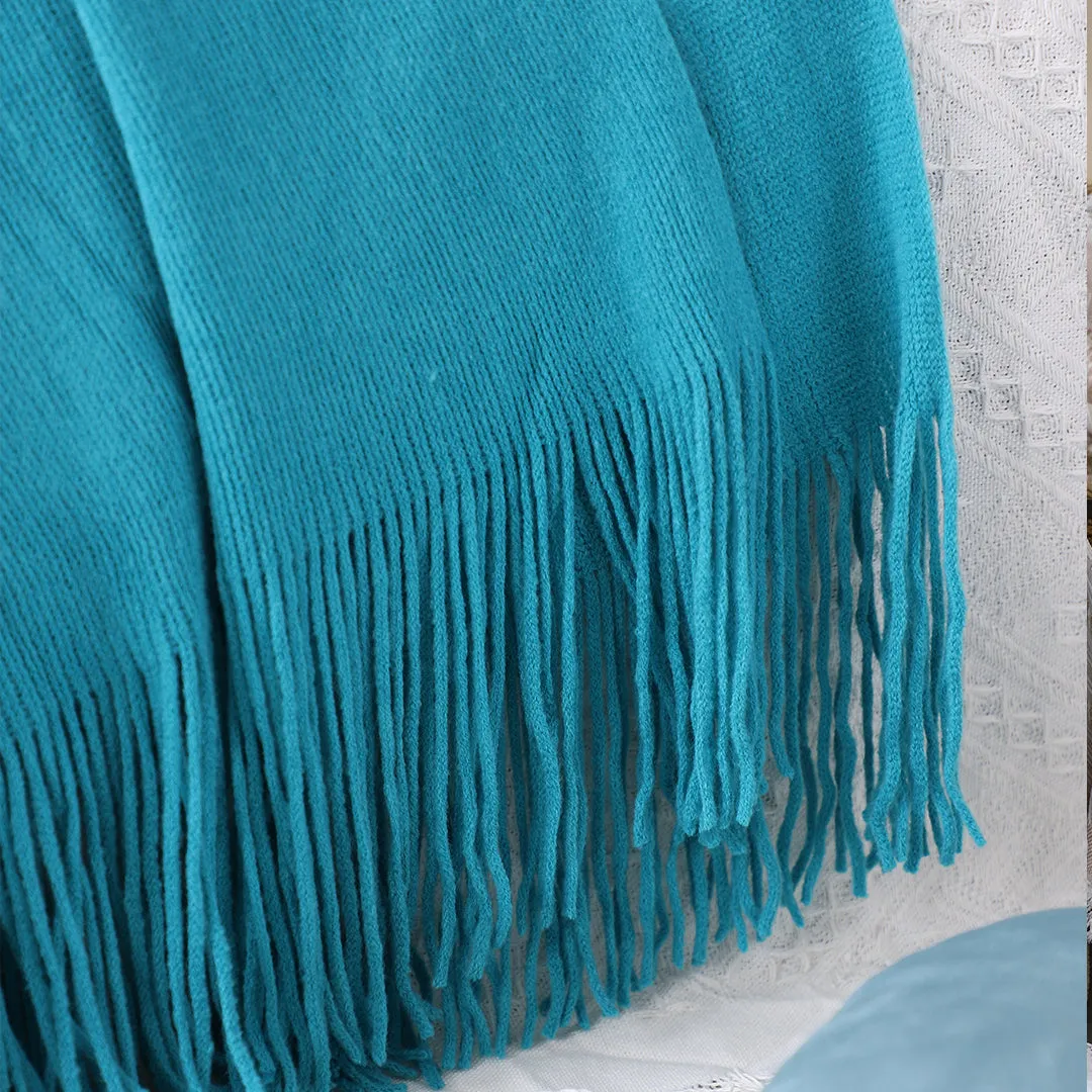 SOGA 2X Blue Acrylic Knitted Throw Blanket Solid Fringed Warm Cozy Woven Cover Couch Bed Sofa Home Decor