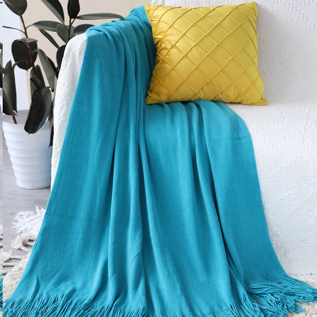 SOGA 2X Blue Acrylic Knitted Throw Blanket Solid Fringed Warm Cozy Woven Cover Couch Bed Sofa Home Decor