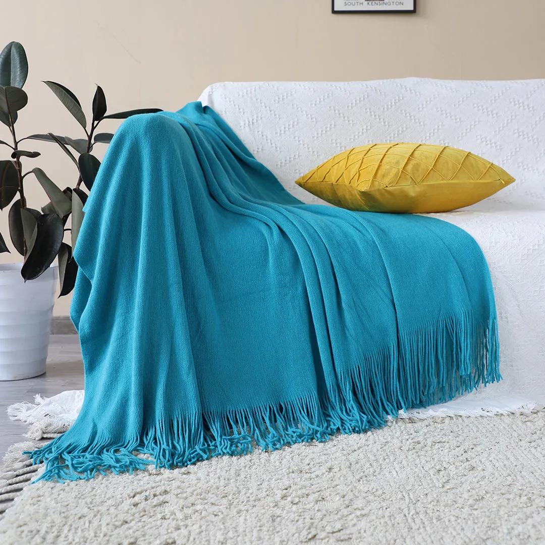 SOGA 2X Blue Acrylic Knitted Throw Blanket Solid Fringed Warm Cozy Woven Cover Couch Bed Sofa Home Decor