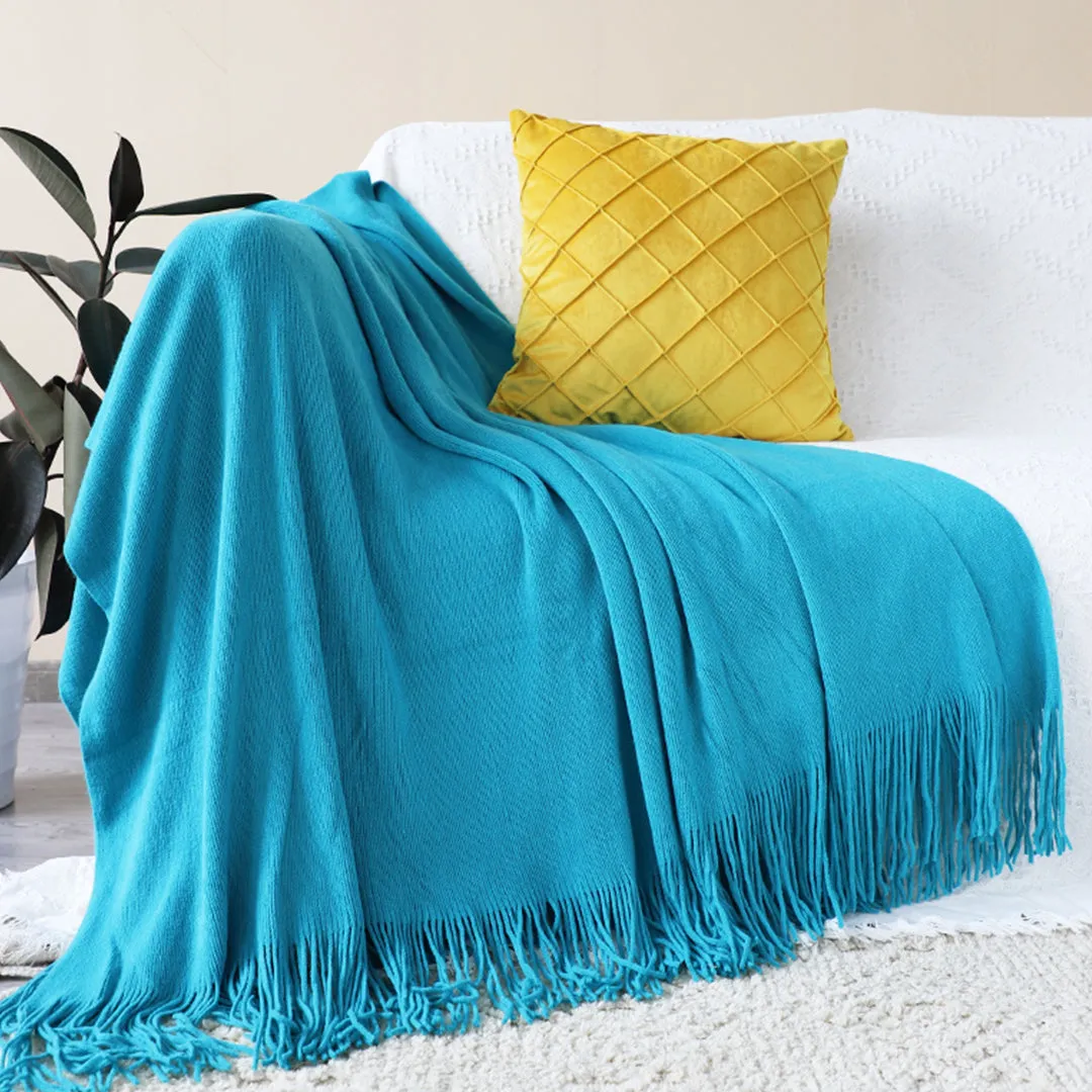 SOGA 2X Blue Acrylic Knitted Throw Blanket Solid Fringed Warm Cozy Woven Cover Couch Bed Sofa Home Decor