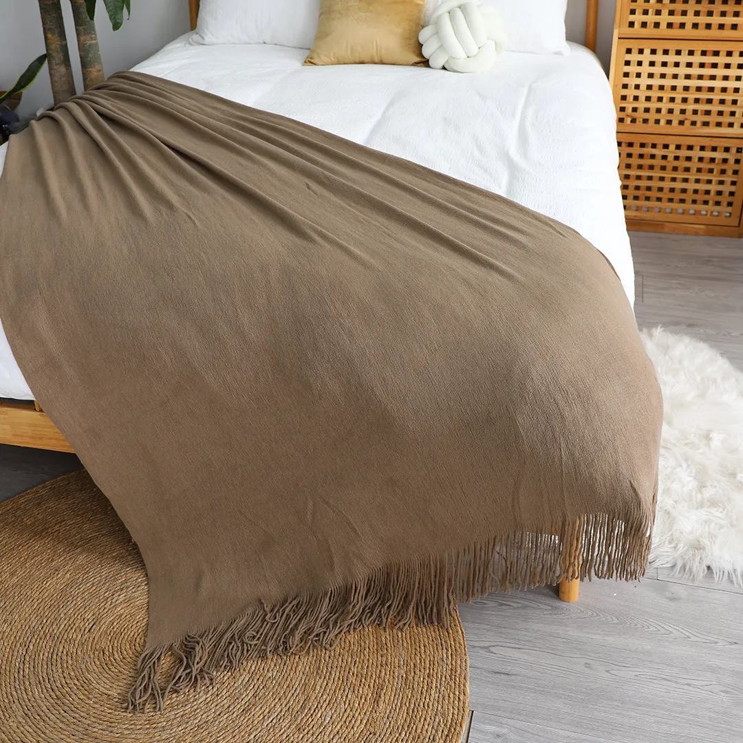 SOGA 2X Coffee Acrylic Knitted Throw Blanket Solid Fringed Warm Cozy Woven Cover Couch Bed Sofa Home Decor