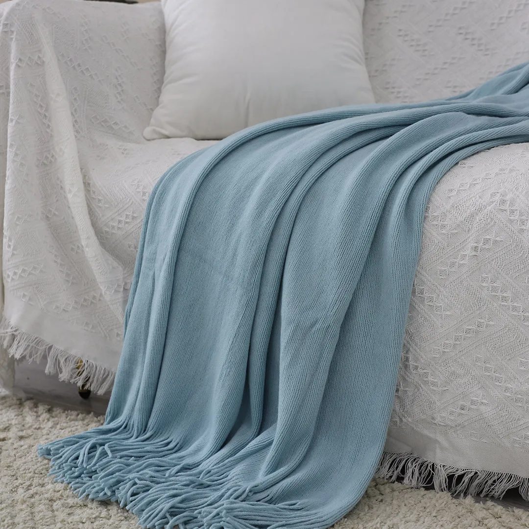 SOGA Sky Blue Acrylic Knitted Throw Blanket Solid Fringed Warm Cozy Woven Cover Couch Bed Sofa Home Decor