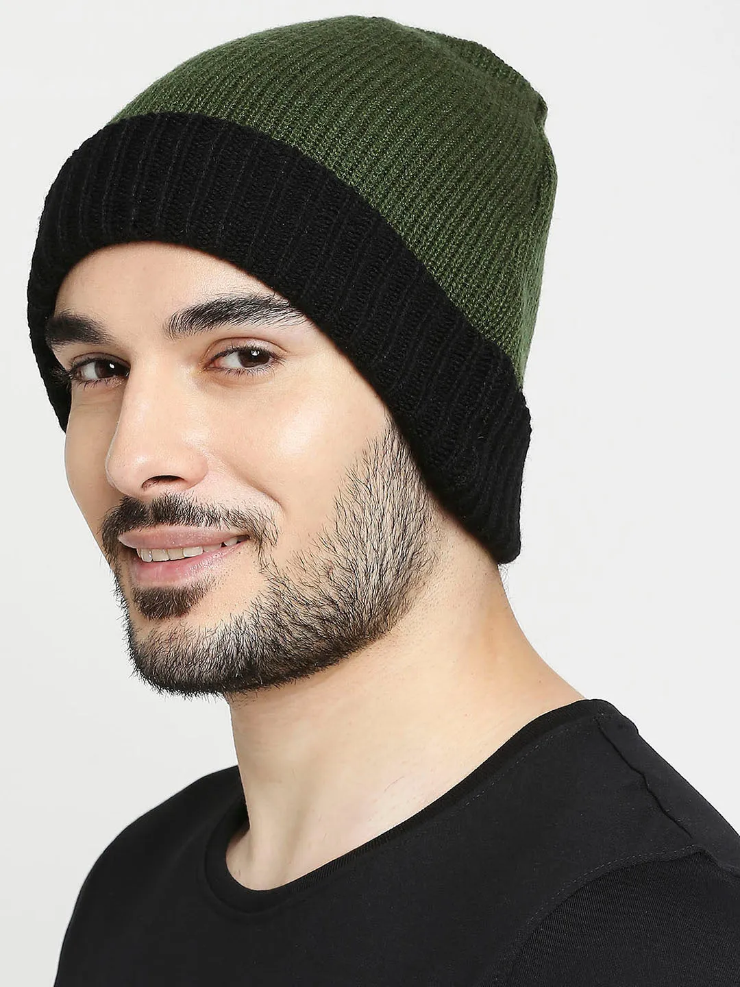 Spykar Olive & Black Cotton Beanie Cap