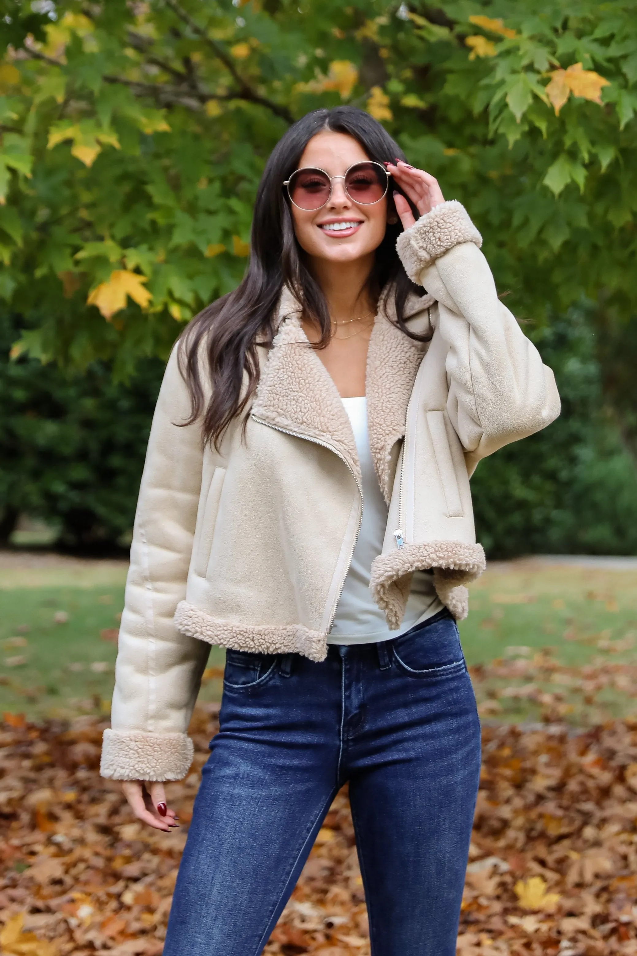 Sweetly Cozy Beige Sherpa Moto Jacket