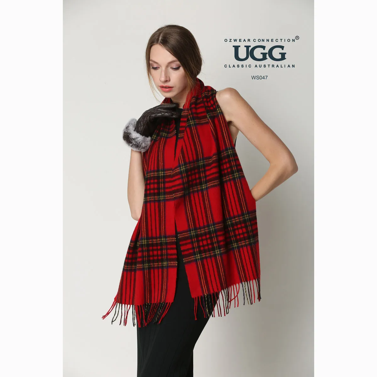 Ugg 100% Wool Scarf Check Red and Navy