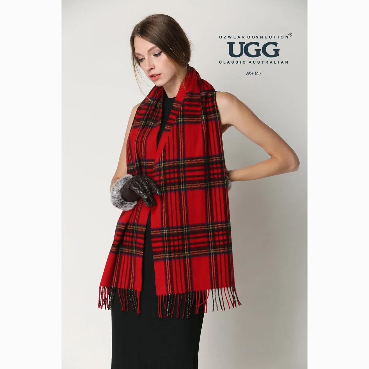 Ugg 100% Wool Scarf Check Red and Navy