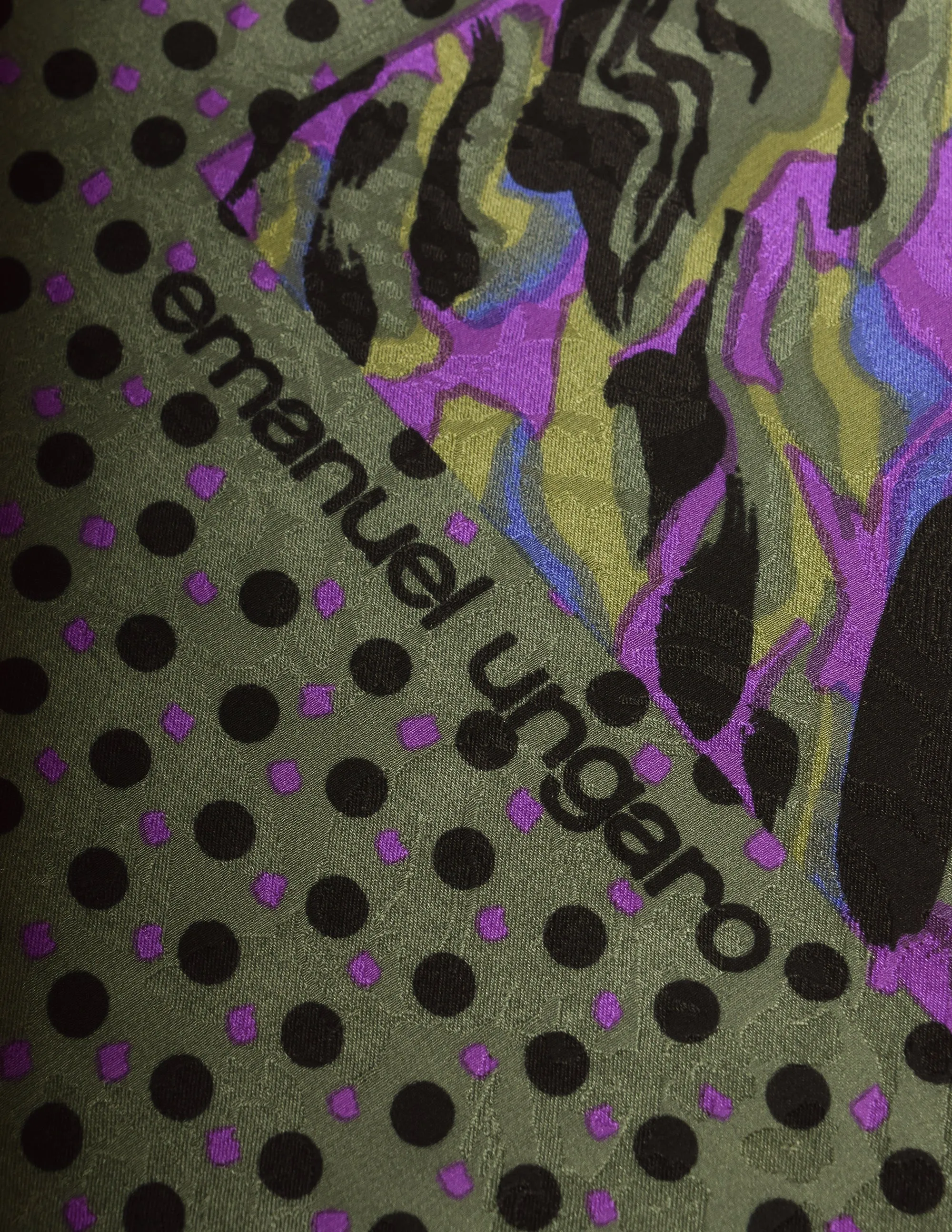 Ungaro Vintage Green Purple Black Abstract Print Oversized Silk Jacquard Pareo Sarong Wrap Scarf