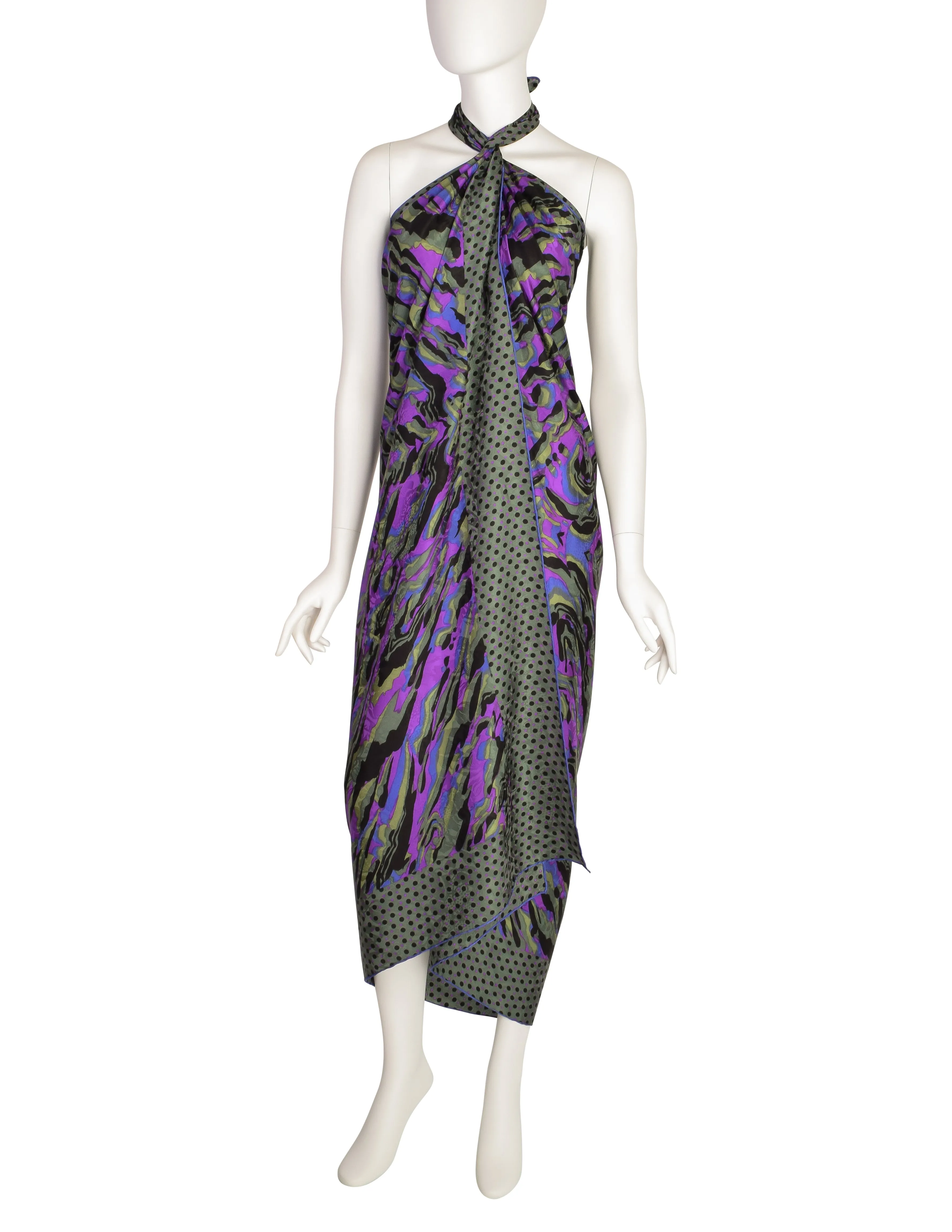 Ungaro Vintage Green Purple Black Abstract Print Oversized Silk Jacquard Pareo Sarong Wrap Scarf