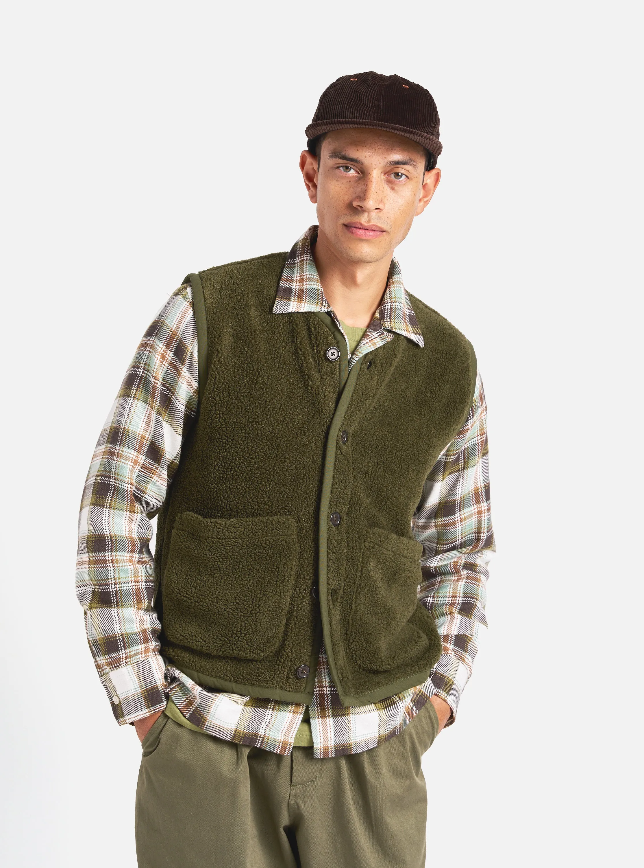 Universal Works Lancaster Gilet in Olive Mountain Fleece