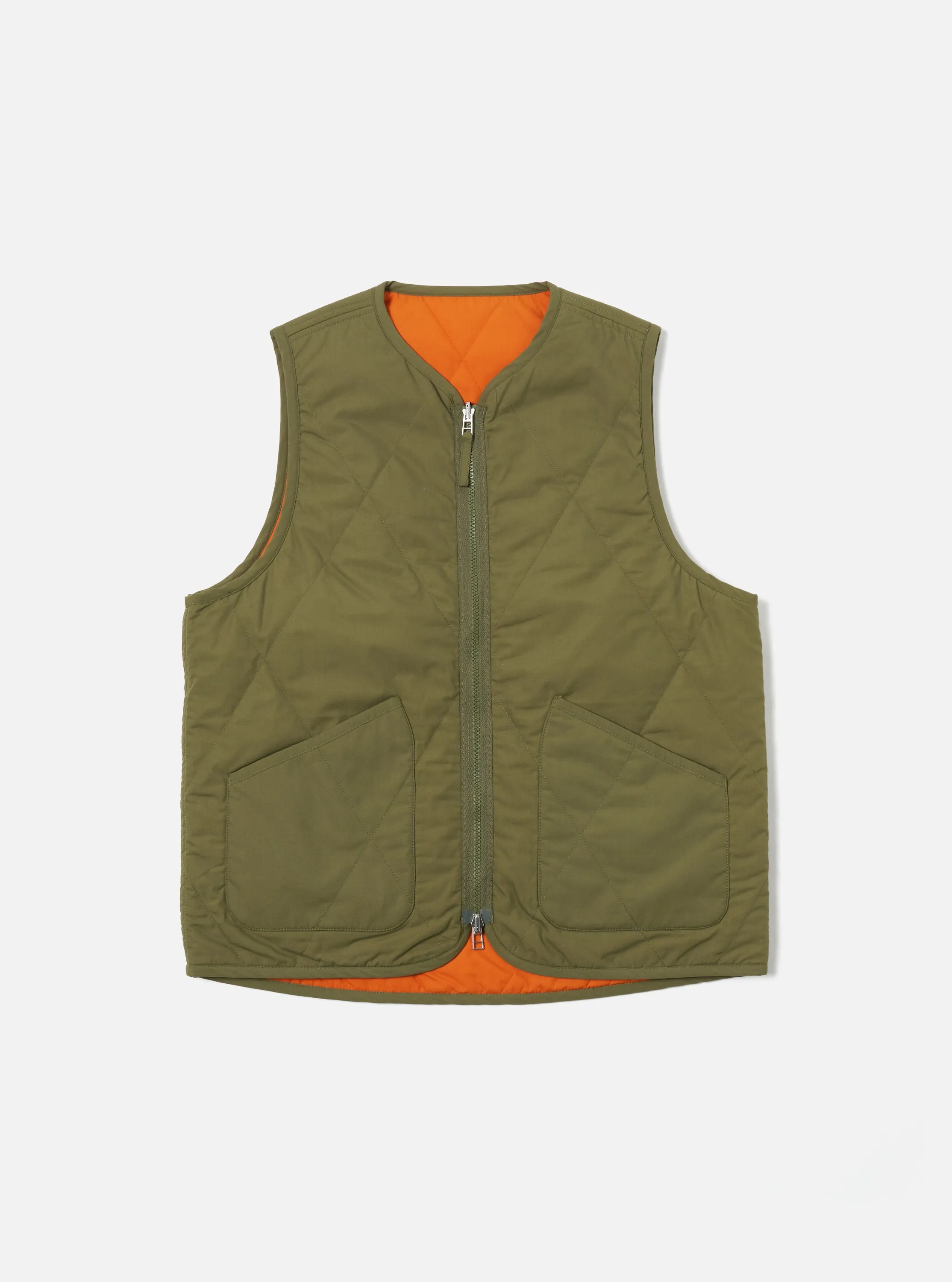 Universal Works Reversible Military Liner Gilet in Olive/Orange Recycled Polytech