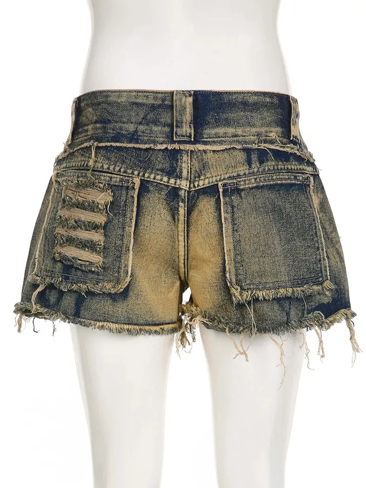 Vintage Grunge Bodycon Tassel Summer Denim Shorts Distressed Y2 Streetwear Burr Stitched Hotpants Jeans Women Outfits