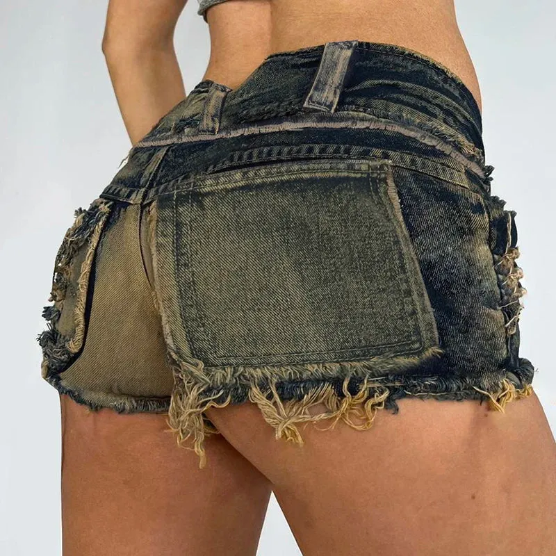 Vintage Grunge Bodycon Tassel Summer Denim Shorts Distressed Y2 Streetwear Burr Stitched Hotpants Jeans Women Outfits