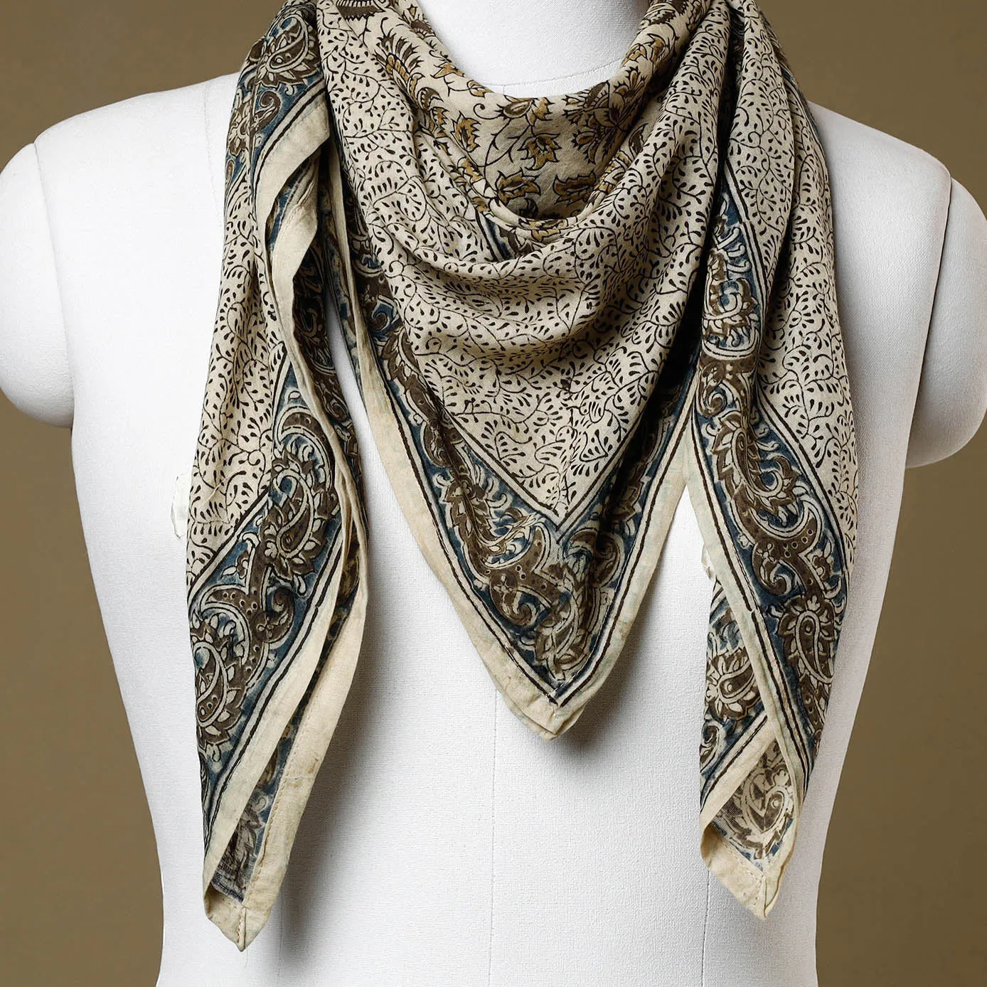 White - Original Pedana Kalamkari Block Printed Cotton Scarf