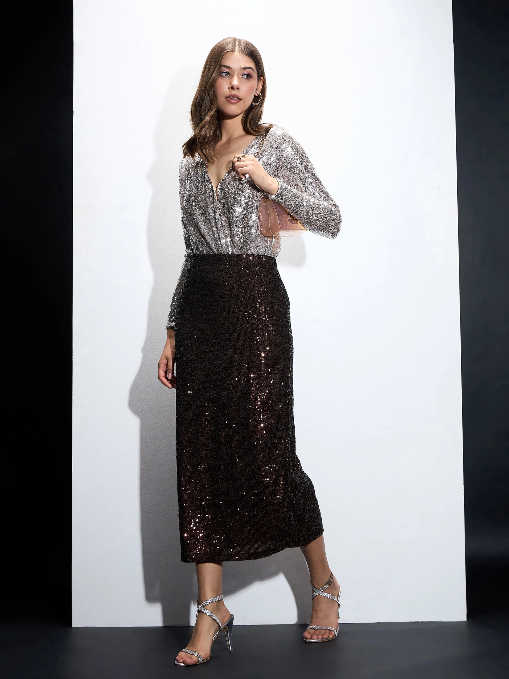 Women Brown Sequin Pencil Skirt