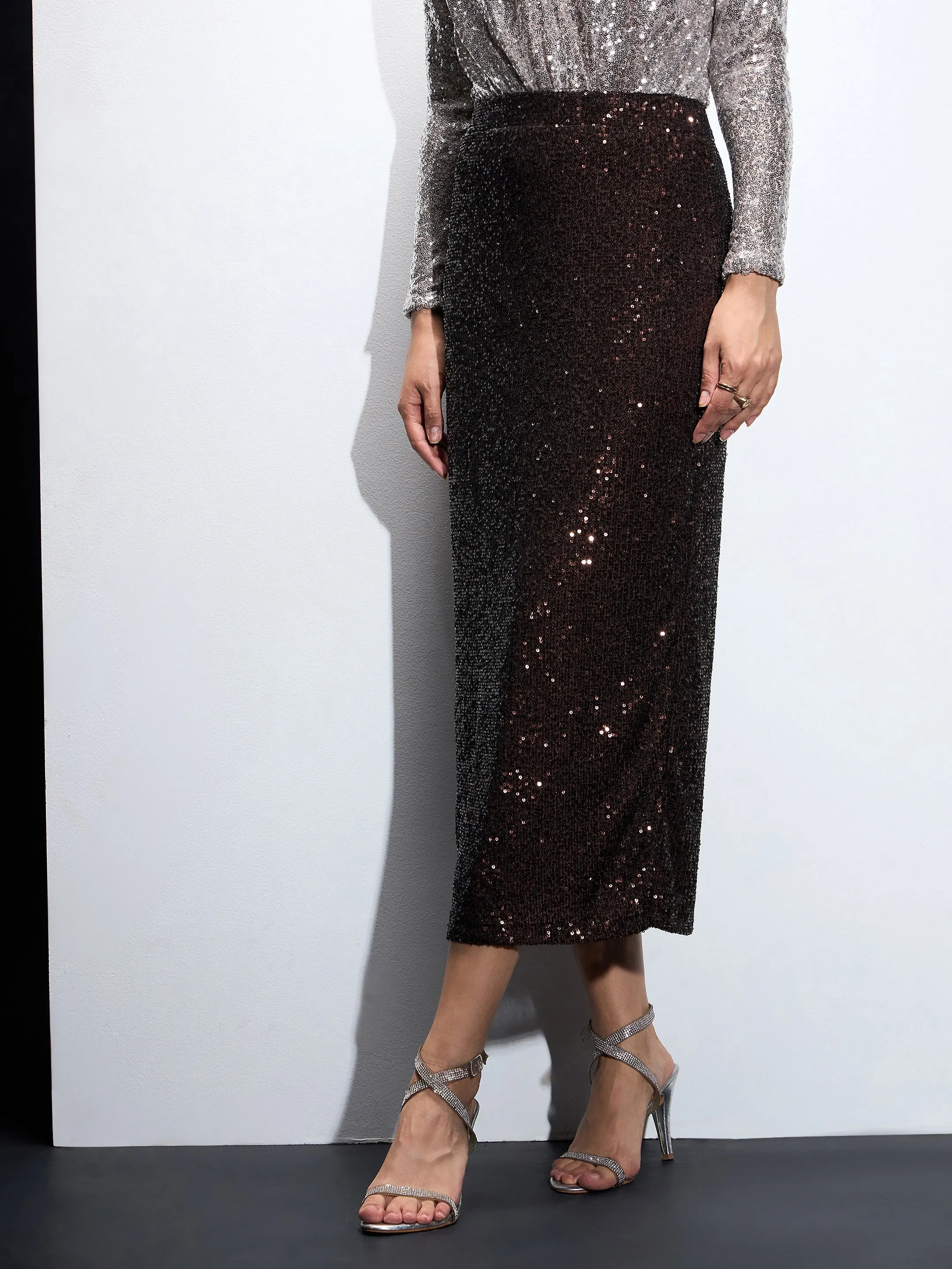 Women Brown Sequin Pencil Skirt