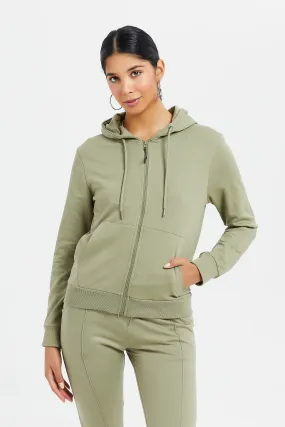 Women Olive Zip Through Hoodie